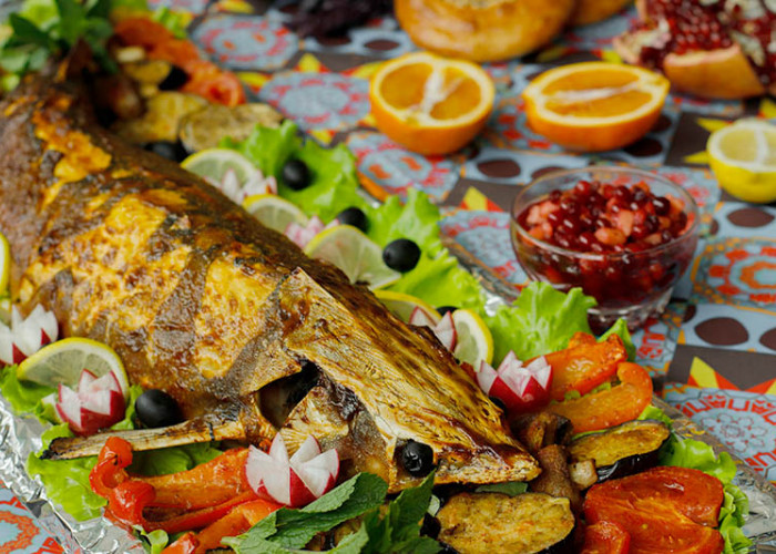 Запеченый осетр с овощами